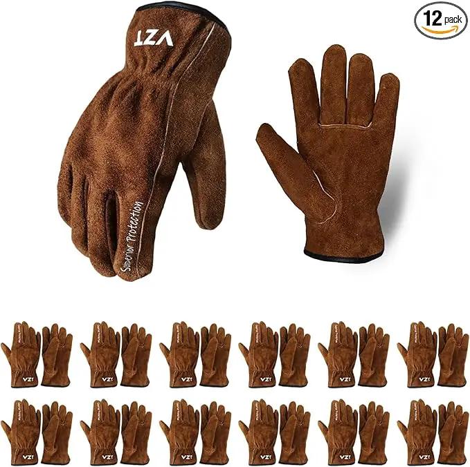 12 Pairs Bulk Leather Work Gloves for Men or Women for Gardening, Construction, Truck, Driving, Farm, Ranch, Woodworker, Soft, Cowhide Thickened, Water Resistant, Brown, Large by GreenHaven Gardens