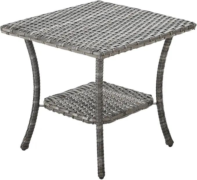 Patio Tables Outdoor Coffee Table - Wicker Rattan Side Tables with 2-Tier Storage Shelf End Table for Porch Deck Balcony Garden Outside Square Mixed Grey by GreenHaven Gardens
