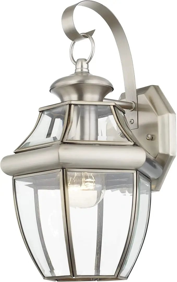 Livex Lighting 2151-91 Monterey 1 Light Outdoor Brushed Nickel Finish Solid Brass Wall Lantern with Clear Beveled Glass 13" x 8.5" x 8.25" by GreenHaven Gardens