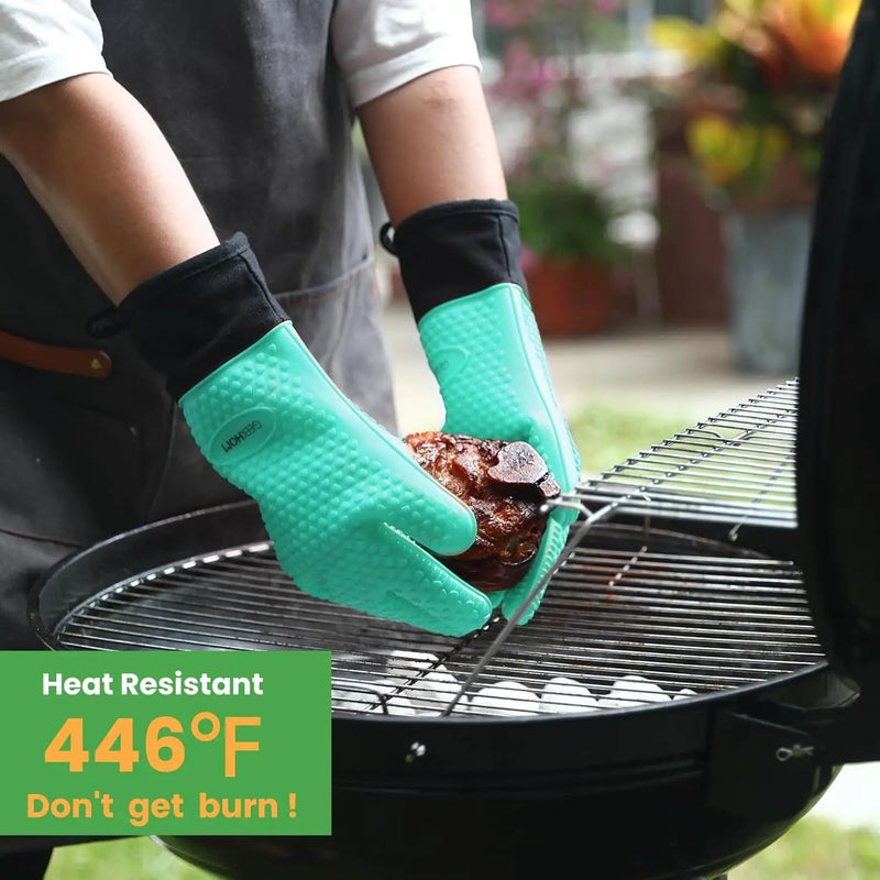 GEEKHOM BBQ Gloves Heat Resistant Oven Mitts - Silicone Grilling Gloves with 13.7" Arm Protection - Waterproof Pot Holder Non-Slip for Men & Women, Kitchen Outdoor Cooking, Baking, Camping, Turquoise by GreenHaven Gardens