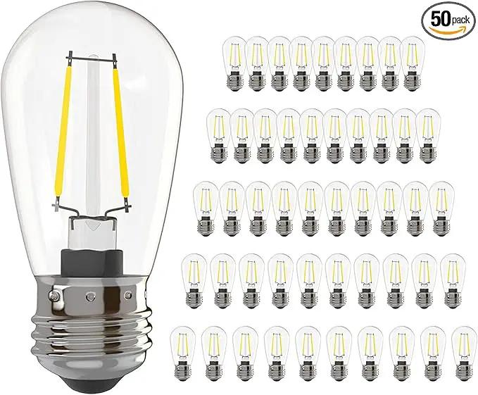 Banord 50 Pack Dimmable 2W S14 Replacement LED Bulbs, 2700K Warm White Waterproof Outdoor String Lights, Vintage Filament, Shatterproof E26 Screw Base Edison Light Bulbs by GreenHaven Gardens