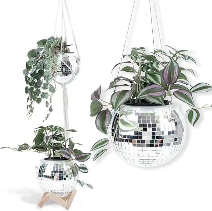 6" Disco Ball Planter – Rotating Mirror Planter with Macrame Hanger & Wooden Stand for Indoor and Outdoor Plants by GreenHaven Gardens