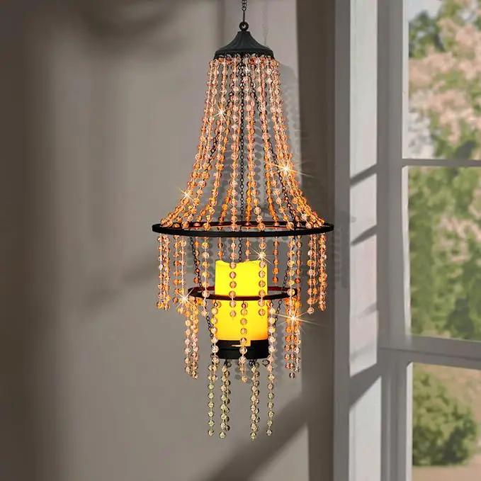 Hanging Candle Chandelier Outdoor, Battery Operated Clear Acrylic Beaded Chandelier with Flickering Led Candle Light S Hooks Modern Lantern for Garden Yard Patio Gazebo Room Indoor Decorations, 28”H by GreenHaven Gardens