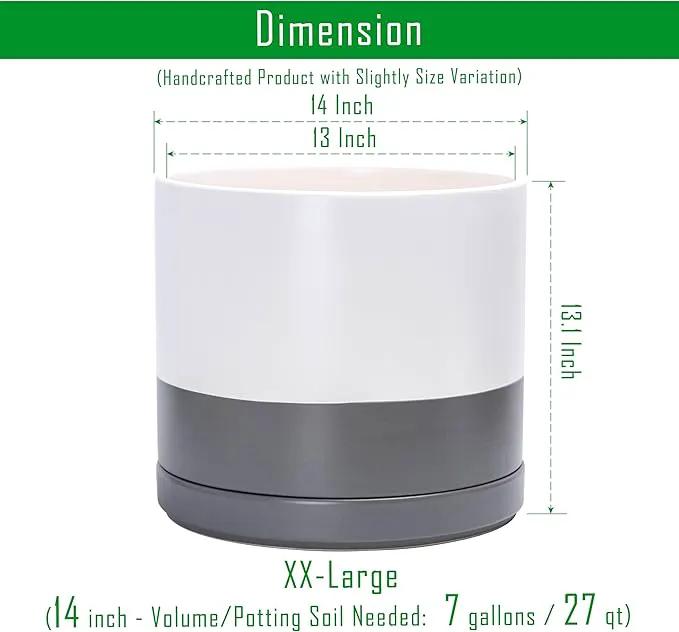 D'vine Dev 14 Inch Ceramic Planter Pot with Drainage Hole and Saucer, Indoor Cylinder Round Planter Pot, White/Speckled Grey, 94-O-G-6 by GreenHaven Gardens