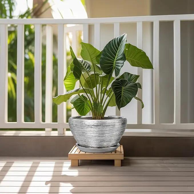 Flower Pot for Indoor Plants - Ceramic Planter 11 Inch Plant Pot with Drainage Hole and Saucer Large Decorative Planter Outdoor Mid-Century Planter for House Decor Silver by GreenHaven Gardens