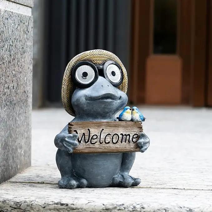 Garden Statue of Frog with Solar Light Eyes,Solar Decor Frog Outdoor Decorations,Frogs Figurine for Patio, Balcony, Yard, Lawn Ornament,Perfect Garden Gift,9.72inch by GreenHaven Gardens
