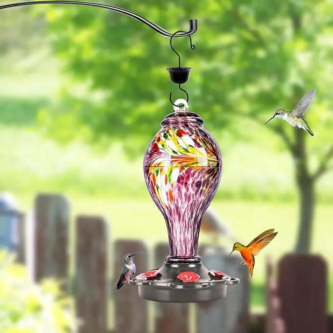 LUJII Hand Blown Glass Hummingbird Feeder for Outdoors Hanging with Ant Guard, 25 fl.oz, Leak Proof & Rustproof, Metal Base with 5 Feeding Ports & 5 Perches, Unique Garden & Backyard Decor (Purple) by GreenHaven Gardens