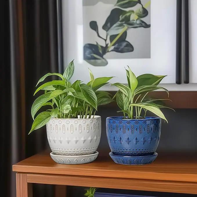 G EPGardening Ceramic Plant Pot - Succulent Pots with Drainage Hole and Saucer 5 Inch Planter for Indoor Plants Outdoor Decorative Round Flower Pot White by GreenHaven Gardens
