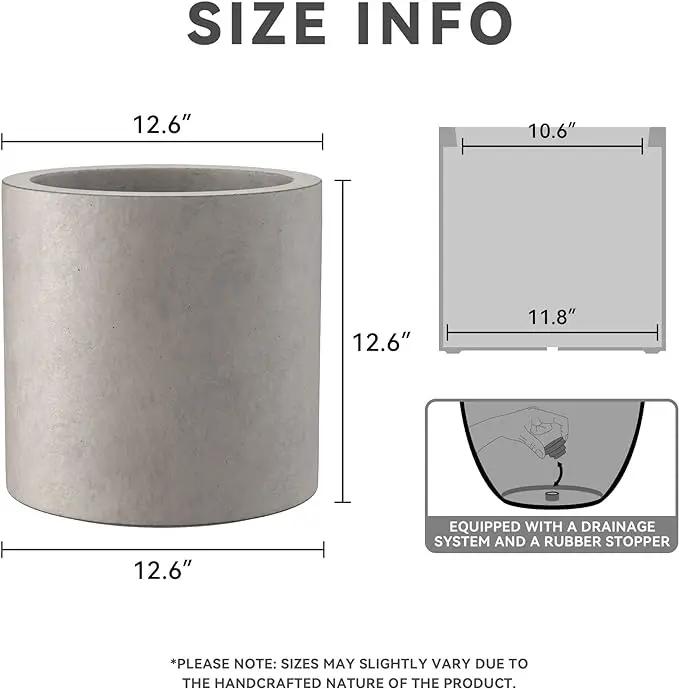 Kante 12.6" Dia Round Concrete Planter, Modern Style Large Cylindrical Plant Pot with Drainage Hole and Rubber Plug for Indoor Outdoor Patio, Weathered Concrete by GreenHaven Gardens