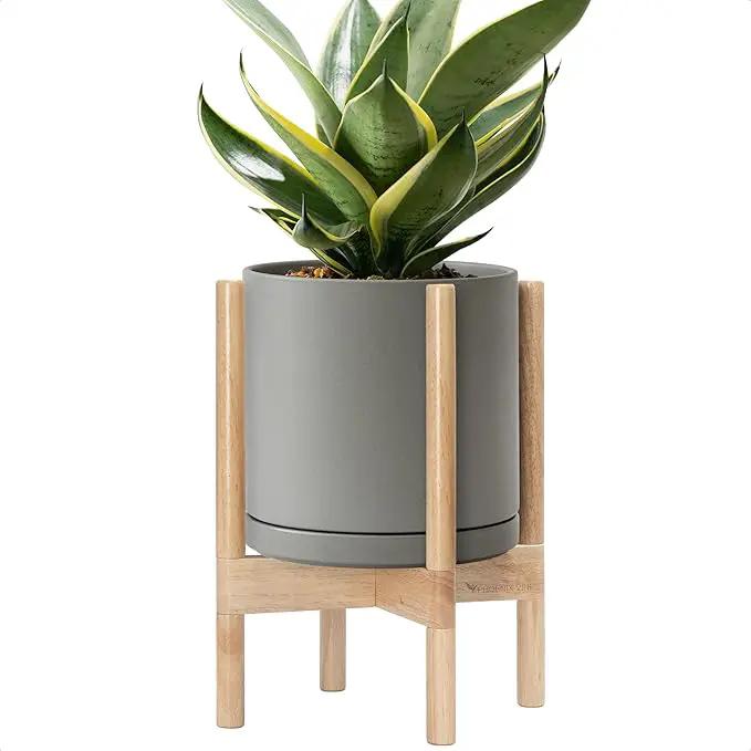 D'vine Dev Ceramic Planter with Natural Stand - 10 Inch Modern Round Flower Pot with Wood Planter Holder, Grey, 55-B-K-3 by GreenHaven Gardens