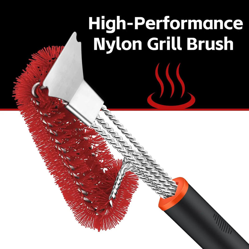 Grill Brush and Scraper, Safe Nylon Bristles Barbecue Triple Scrubbers Cleaning Brush for Cast Iron Grates/Porcelain/Weber Gas/Charcoal Grill，Extra Strong BBQ Cleaner Accessories (Red) by GreenHaven Gardens