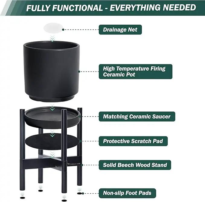 D'vine Dev Ceramic Planter with Ebony Stand - 12 Inch Modern Round Flower Pot with Wood Planter Holder, Black, 55-B-H-2 by GreenHaven Gardens