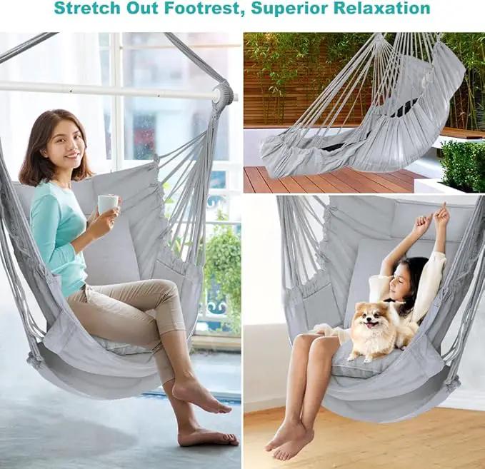 Outerman Hammock Chair, Hanging Chair with 3 Cushions and Foot Rest Support, Sturdy Metal Spreader Bar Max 440 Lbs, Swing Chair for Bedroom, Indoor & Outdoor, Patio, Porch or Tree（Gray） by GreenHaven Gardens