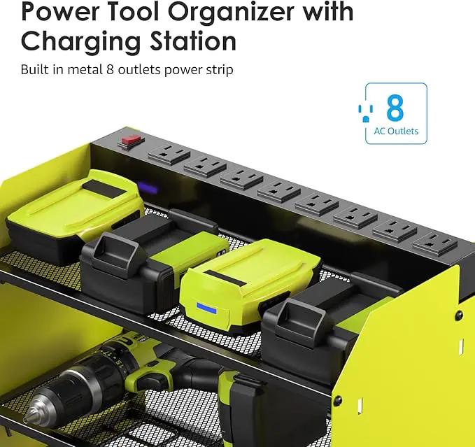 CCCEI Set Power Tool Organizer Wall Mount with Charging Station. Garage 4 Drill Storage Shelf with Hooks, Heavy Duty Metal Tool Battery Charger Organizer. Shop Utility Rack with Power Strip Green. by GreenHaven Gardens