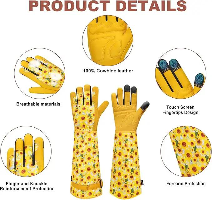 DLY Gardening Gloves for Women, Rose Gloves Gardening Thorn Proof, Long Garden Gloves for Women, Breathable Cowhide Leather Gauntlet (X-Large, Yellow by GreenHaven Gardens