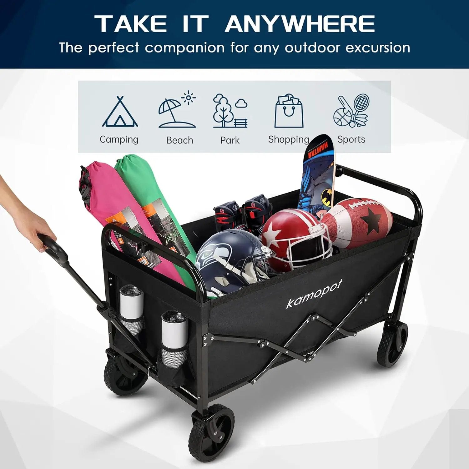 Large Collapsible Wagon Foldable for Grocery, Beach, Park, Yard, 34 x 18 Inch Inner Storage. Folding Utility Shopping Cart on Wheels. Heavy Duty, Durable w/Cupholders (Black) by GreenHaven Gardens