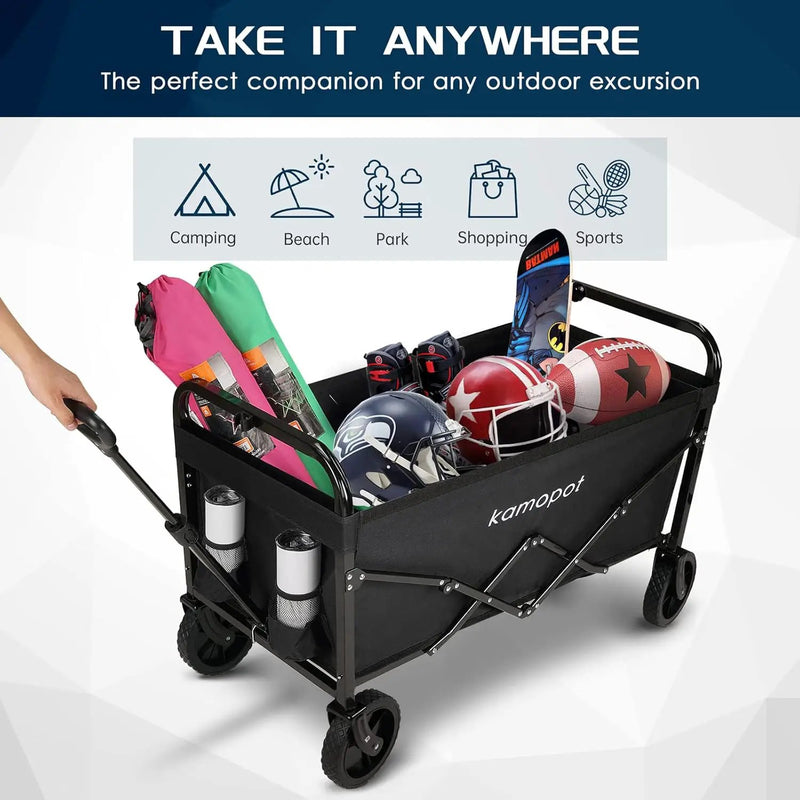 Large Collapsible Wagon Foldable for Grocery, Beach, Park, Yard, 34 x 18 Inch Inner Storage. Folding Utility Shopping Cart on Wheels. Heavy Duty, Durable w/Cupholders (Black) by GreenHaven Gardens