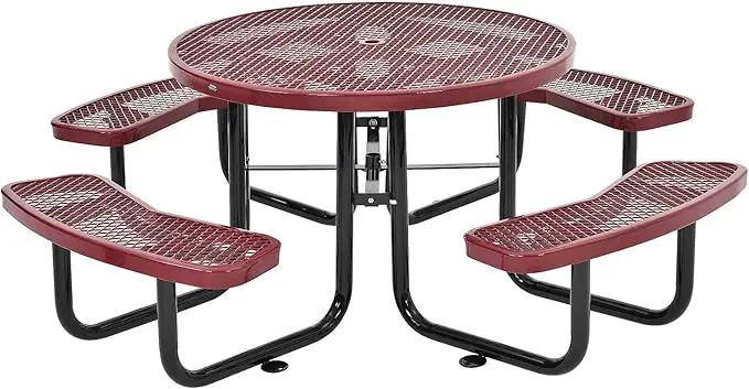 Global Industrial 46" Round Picnic Table, Expanded Metal, Red Thermoplastic Coating, Attached Benches, 1-1/2” Umbrella Pole Hole, Outdoor-Rated, 1000 lb Capacity by GreenHaven Gardens