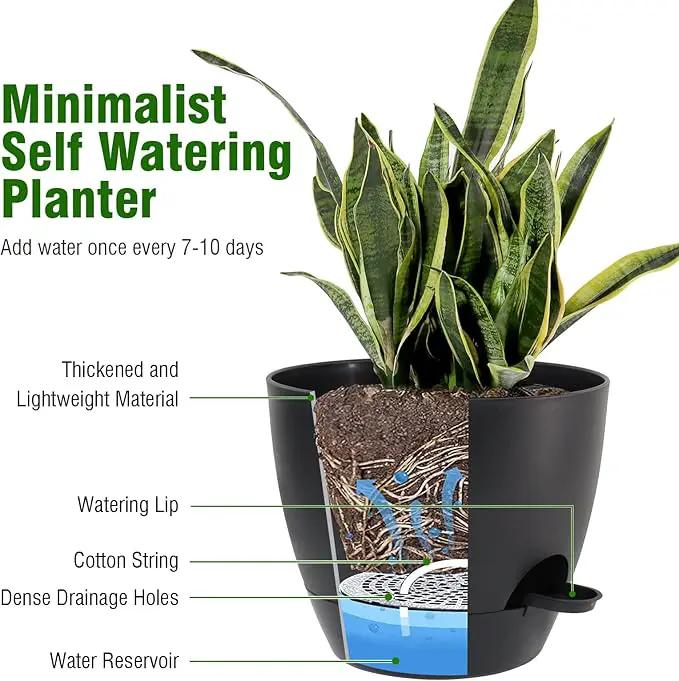 Large Self Watering Pots, 12/10/9 Plastic Planters with High Drainage Holes and Deep Reservoir for Indoor Outdoor Garden Plants and Flowers, Black by GreenHaven Gardens