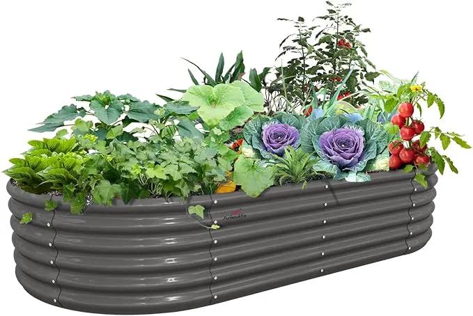 A ANLEOLIFE 8X4X1.5 ft Galvanized Raised Garden Beds Outdoor, Oval Large Metal Planter Box for Planting Vegetables Flowers Herb, Anti-Rust & Easy-Setup, Quartz Grey by GreenHaven Gardens