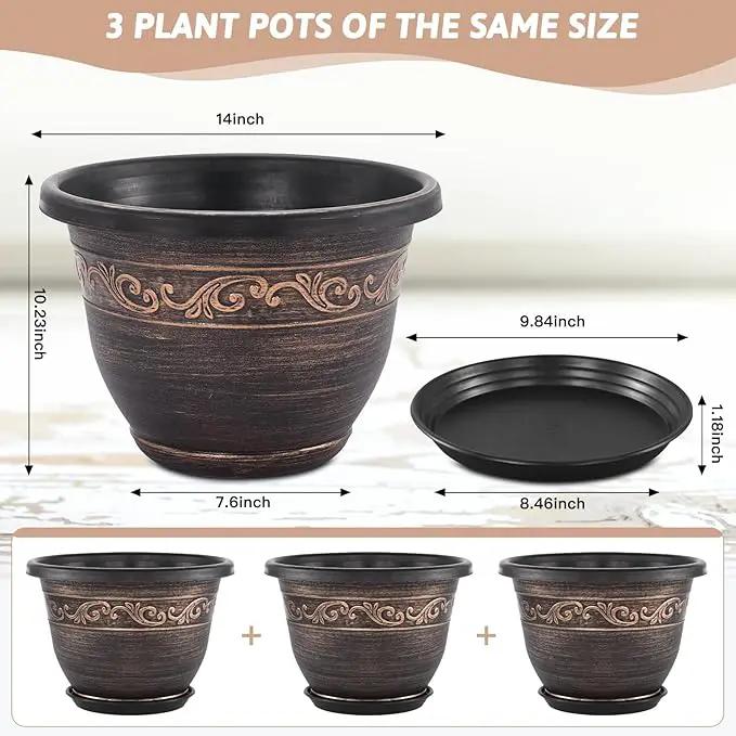 Plastic-Plant-Flower-Planters-14 Inch with Drainage Hole & Saucer, 3 Packs Lightweight Large Resin Flower Pot Indoor Outdoor, Retro Antique Imitation Decorative Garden Containers Sets for Houseplants by GreenHaven Gardens