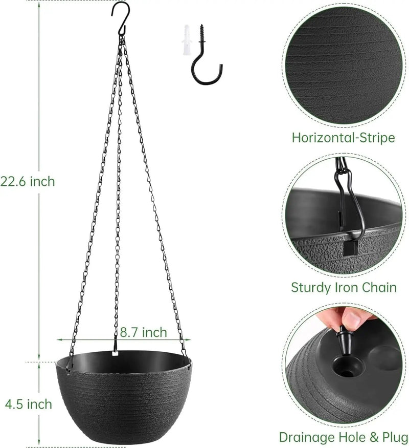 Hanging Planters for Indoor Outdoor Plants, Set of 2 Self Watering Hanging Pots with Drainage Hole & Plug and 20" Chain & Hooks by GreenHaven Gardens