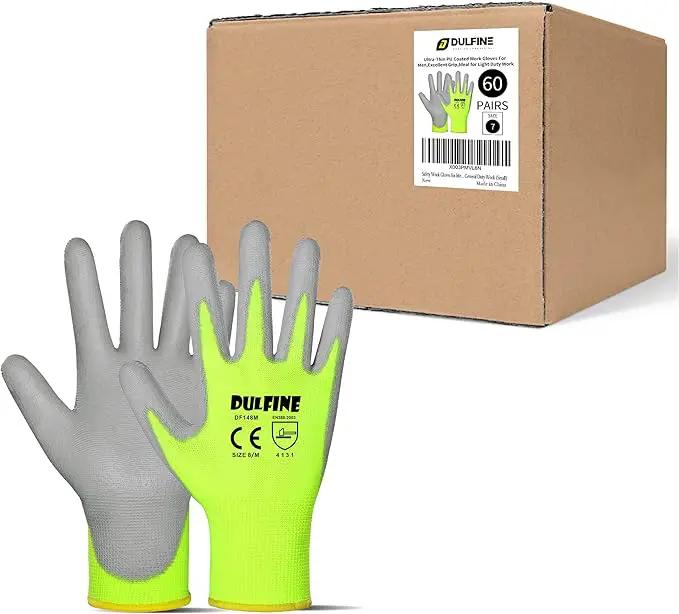 DULFINE Safety Work Gloves for Men PU Coated 60 Pairs Bulk Pack,Hi-Vis Yellow Seamless Knit Glove with thin Polyurethane Coated Smooth Grip on Palm & Fingers,Ideal for General Duty Work (Large) by GreenHaven Gardens