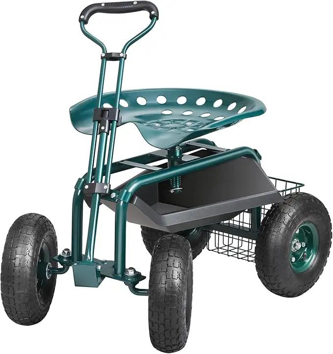 VEVOR Garden Cart Rolling Workseat with Wheels, Gardening Stool for Planting, 360 Degree Swivel Seat, Wagon Scooter with Steering Handle & Utility Tool Tray, Use for Patio, Yard, and Outdoors, Green by GreenHaven Gardens