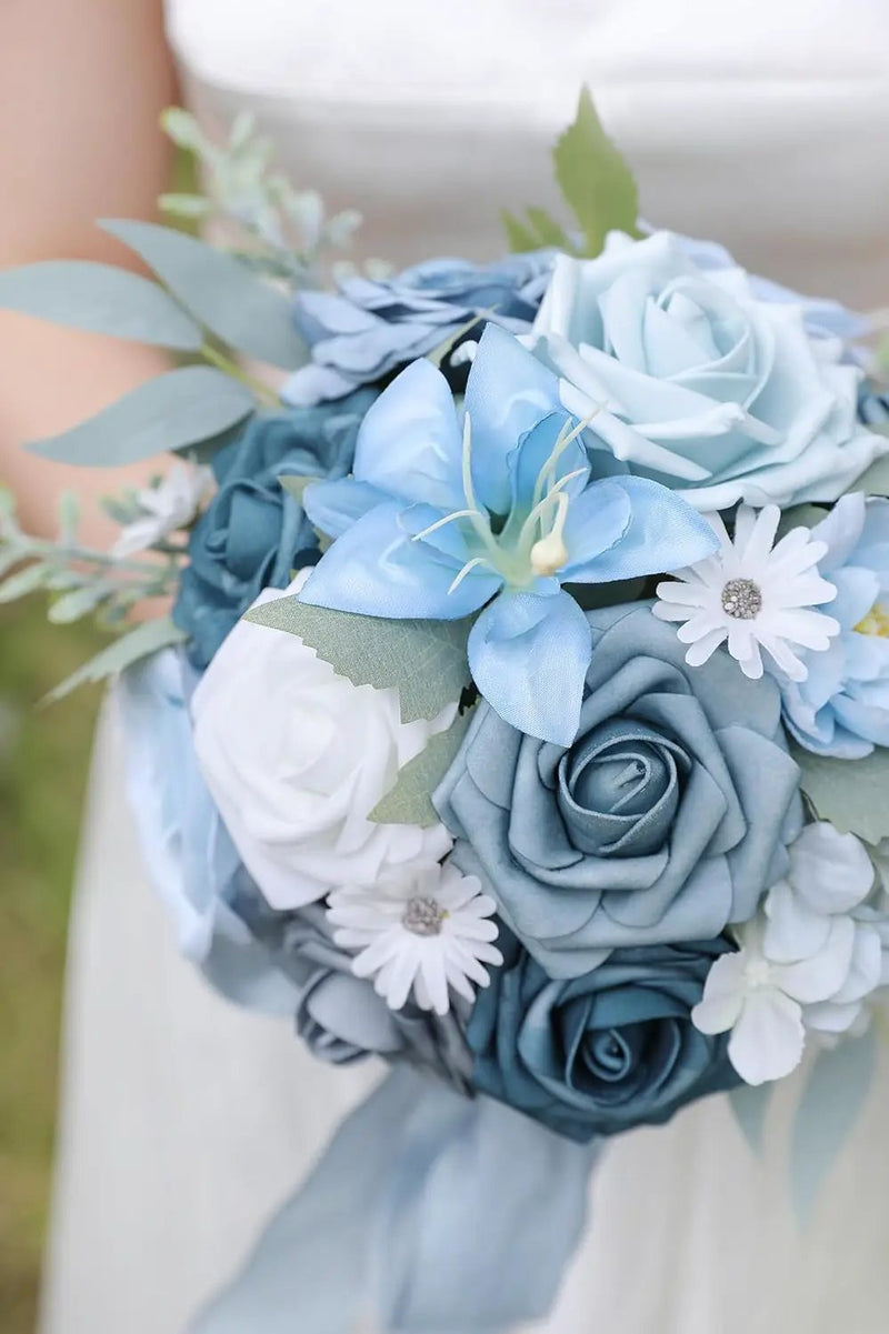 Blue Artificial Flowers Silk Fake Roses Peonies Greenery Combo Box Set for DIY Wedding Bouquets Bridal Shower Centerpieces Floral Arrangements Party Tables Home Decoration by GreenHaven Gardens