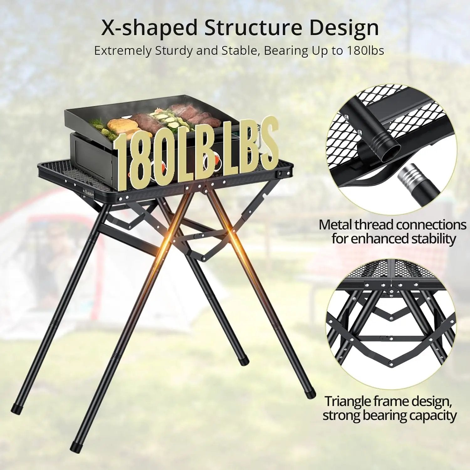 2ft Sturdy Folding Grill Table, Supports 180 Lbs, 2 Adjustable Height 28” Portable Grill Table, Heat-Resistant Tabletop, Folding Metal Table for Camping BBQ Cooking Backyard, 24" X 16", Black by GreenHaven Gardens