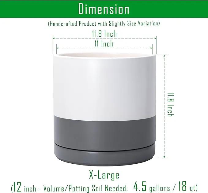 D'vine Dev 12 Inch Ceramic Planter Pot with Drainage Hole and Saucer, Indoor Cylinder Round Planter Pot, White/Speckled Grey, 94-O-F-6 by GreenHaven Gardens