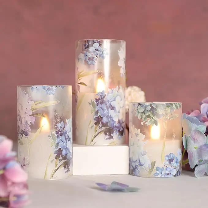 Floral Flameless Candles Decorative Battery Operated with Remote Hydrangea Flowers Romantic Lovers Flickering Pillar Candles for Wedding Tray Centerpiece Home Decor by GreenHaven Gardens