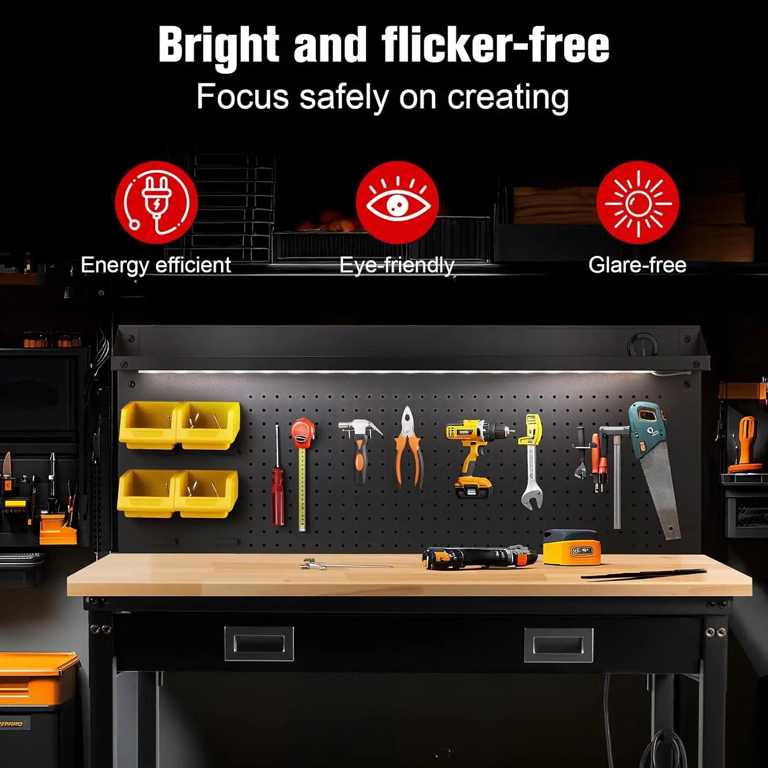 48" Workbench with Drawers, Work Benches for Garage with Strip Light, Adjustable Work Table with Large Pegboard, 2000 LBS Heavy Duty Table with Power Outlet Rubber Wood for Garage, Office by GreenHaven Gardens