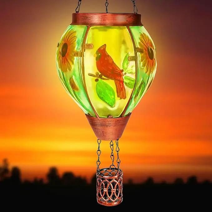 Solar Hot Air Balloon Lantern with Flame， Cardinal Glass Solar Hanging Lights Outdoor Yard Patio Farmhouse Decoration, Cardinal Gifts for Women Grandma Mom - Cardinal by GreenHaven Gardens