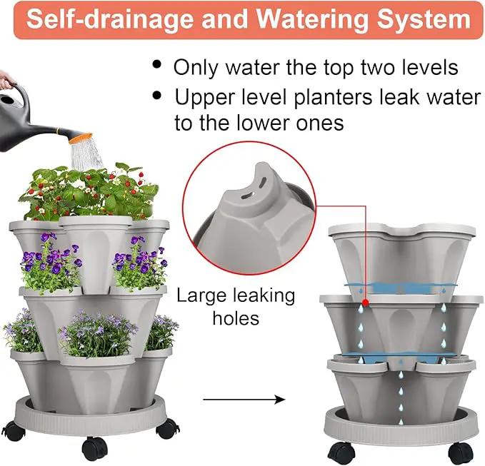 Vertical Planter 3 Tier Stackable Planters Garden Planters Strawberry Herb Flower and Vegetable Planter Indoor Outdoor Gardening Pots with Removable Wheels and Tools 2-Pack by GreenHaven Gardens