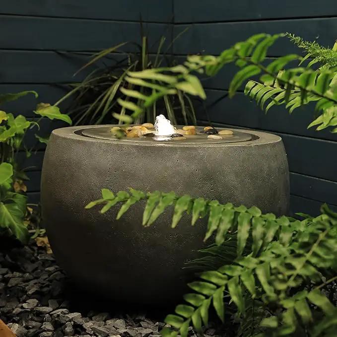 Garden Water Fountain Outdoor Bubbler Water Feature Indoor with Lights & Pump and Pebbles Waterfall Fountains Concrete Effect for Patio Deck Yard Home Decor Gray, 18 "L x 18" W x 11.5" H by GreenHaven Gardens