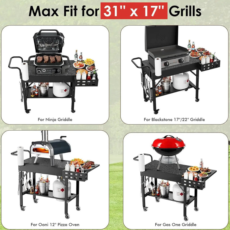 Leteuke Grill Cart for Blackstone Griddle, Portable Outdoor Grill Table, Foldable Cart Table with Wheels for Ninja, Griddle Stand Fit 17 Inch Or 22 Inch, BBQ Prep Tables with Seasoning Tray by GreenHaven Gardens