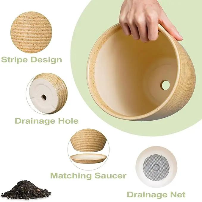 Pot for Plants 8 Inch - Ceramic Planter Indoor Plant Pot with Drainage Hole and Saucer Planter for Outdoor Plants Round Flower Pot for Home Patio Garden Office Decor Yellow by GreenHaven Gardens