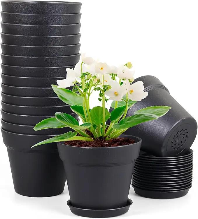 4 inch Small Plastic Nursery Pots, Seedling Pots - 16 Pack Plant Pots for Indoor & Outdoor Plants, Decorative Flower Pots with Drainage Holes and Saucers, Black by GreenHaven Gardens