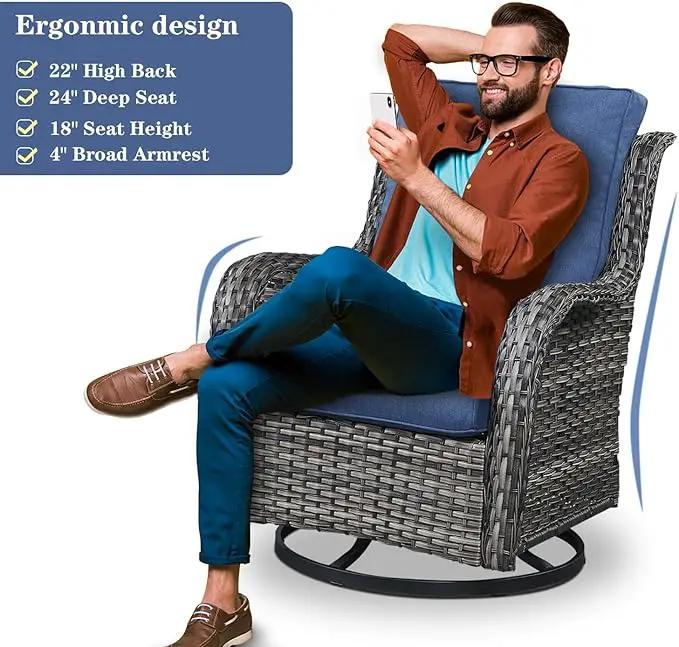 Wicker Outdoor Furniture Patio Furniture Set - 6 Piece Patio Conversation Set with Swivel Rocker Chairs, Rattan Sofa, Ottomans and Coffee Table, Blue Cushion by GreenHaven Gardens