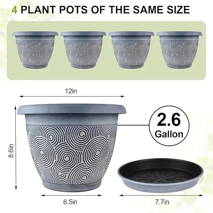 12 Inch Large Planter Pot for Plants Indoor Outdoor, 4 Pack Plastic Flower Pots with Drainage Hole & Tray, Modern Decorative Garden Pot with Saucer, Plant Container for House by GreenHaven Gardens
