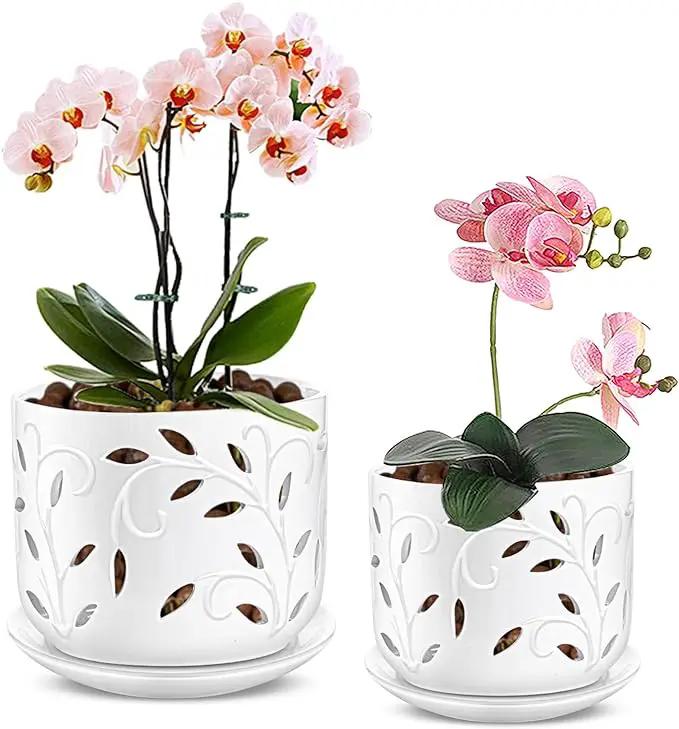 EFISPSS Orchid Pot with Holes, 5+6Inch Ceramic Plant Pots with Drainage Holes and Tray, Promoting Air Circulation and Drainage, Indoor/Outdoor White Flower Pots by GreenHaven Gardens
