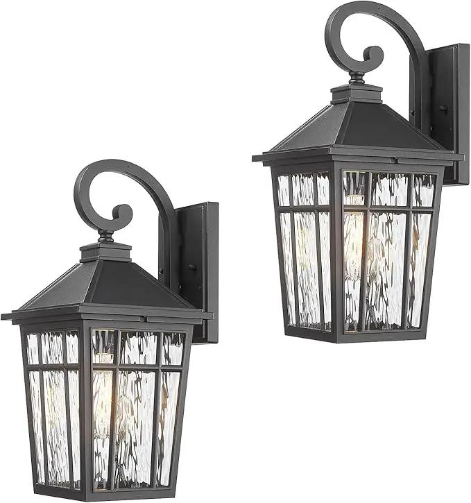 Outdoor Light Fixture 14 Inch Height Outside Wall Lights Black Finish and Water Ripple Glass Exterior Lights for House Garage Porch and Garden E26 Socket 2-Pack by GreenHaven Gardens