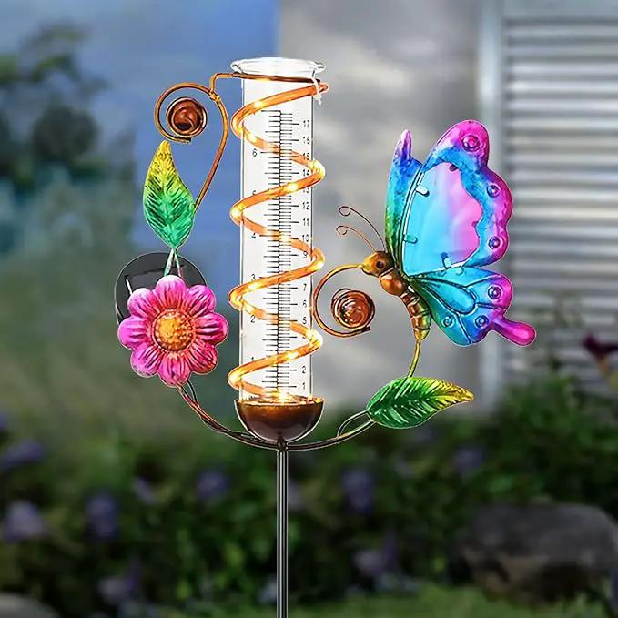 BAYN 36.3” Rain Gauge Outdoor Solar Powered 10 LEDs 7” Tube Garden Butterfly Metal Decorative Stake with Waterproof Large Glass Tube Rain Guage for Yard, Garden, Patio, Lawn by GreenHaven Gardens