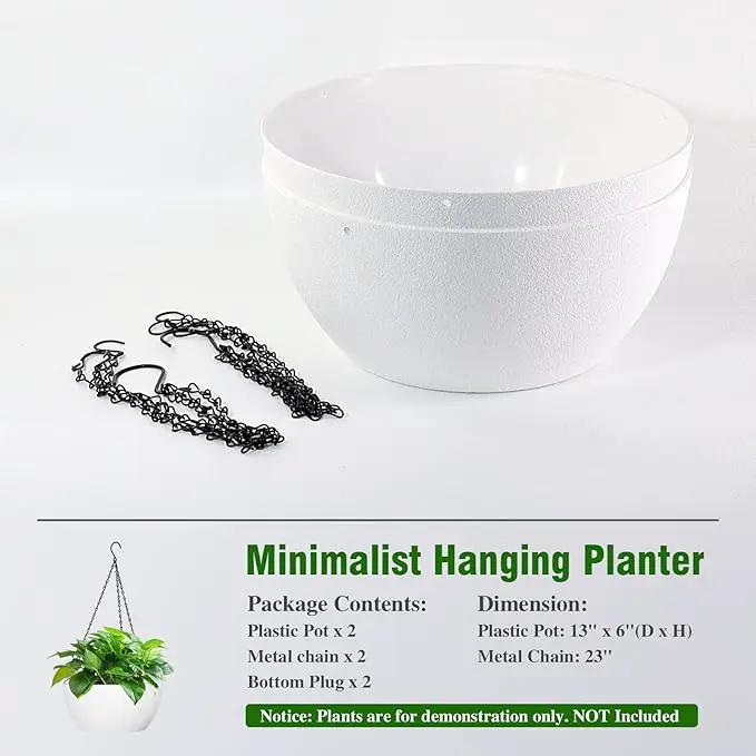 13 inch Large Hanging Planters Plant Pots for Outdoor Indoor Plants with Drainage Holes and Chain, 2 Pack Round Hanging Flower Pots for Garden Home Porch Decor, White by GreenHaven Gardens