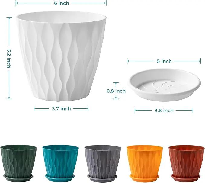 FaithLand 6-Pack 6-Inch Plastic Plant Pots with Saucers | Thickened PP Material, Modern Wave Texture, Enhanced Drainage for Indoor/Outdoor Garden Plants | White Value Set by GreenHaven Gardens