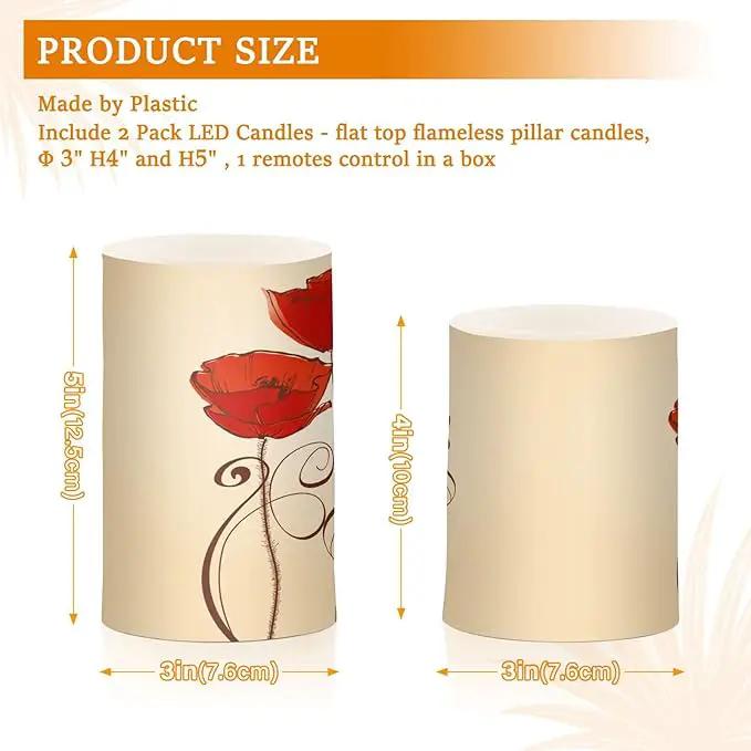 Flickering Flameless Candles, Red Poppy Flowers Retro LED Candles with Remote Timer, Set of 2 Battery Operated Candle for Valentine Wedding Birthday by GreenHaven Gardens