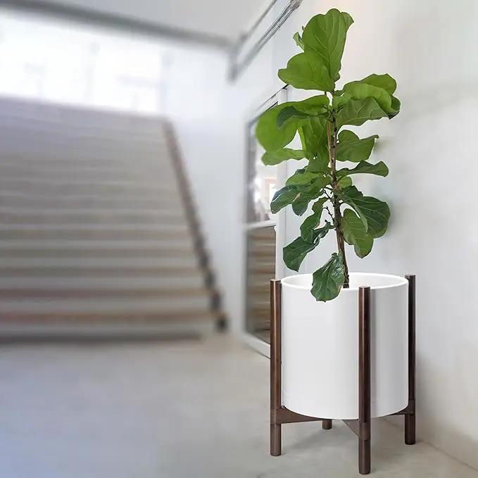 D'vine Dev Planter Pot with Stand - 16 Inch Plastic Cylinder Flower Pot with Wood Planter Holder for Indoor, Matte White Pot + Walnut Color Stand, 55-C-X-1