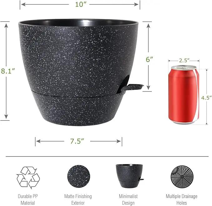 WOUSIWER 10 inch Self Watering Planters, 2 Pack Large Plastic Plant Pots with Deep Reservior and High Drainage Holes for Indoor Outdoor Plants and Flowers, Speckled Black by GreenHaven Gardens