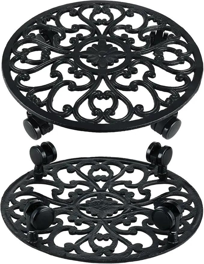 2 Packs 14 Inch Rolling Plant Stand with Wheels Metal Plant Caddy with Wheels Heavy Duty Round Plant Stand Indoor Iron Plants Rollers for Plants, Plant Dolly with Plant Saucers by GreenHaven Gardens